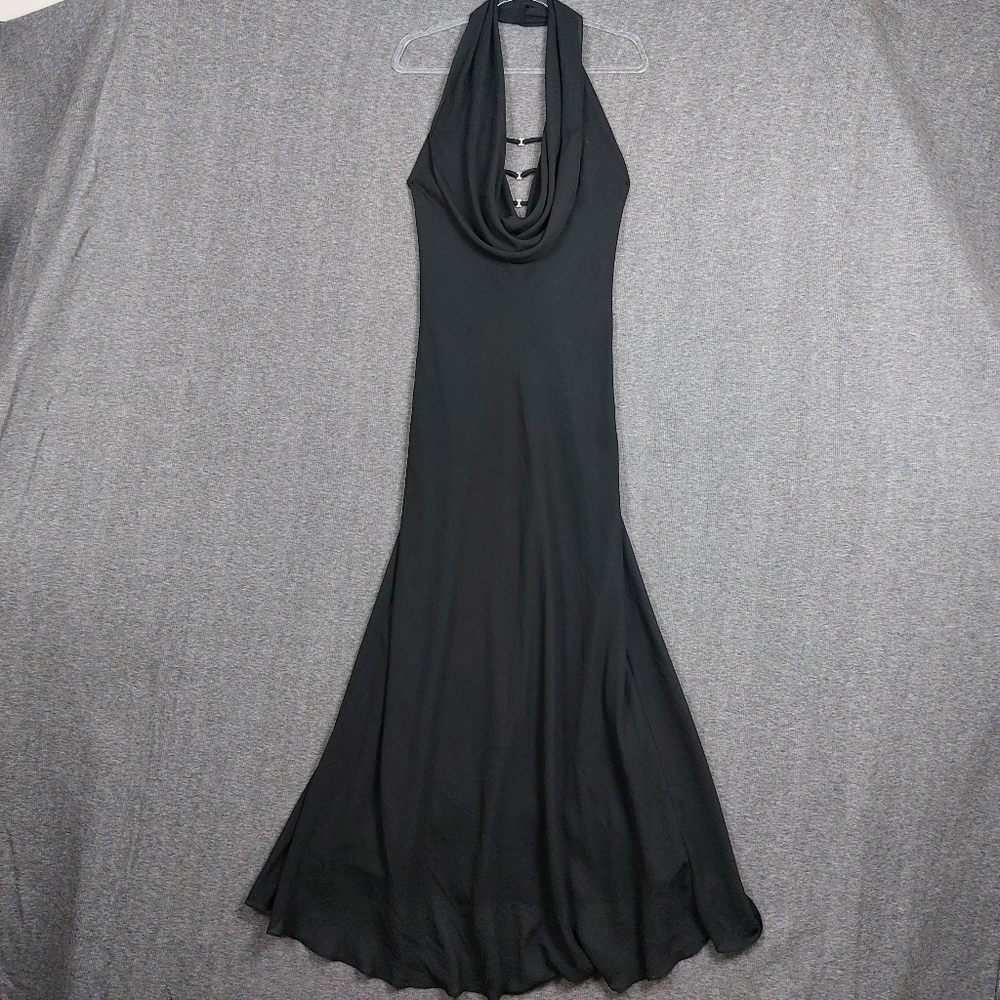 SEASONS DESIGN INC WOMENS BLACK Y2K LOW CUT HALTER FORMAL EVENING DRESS SZ L